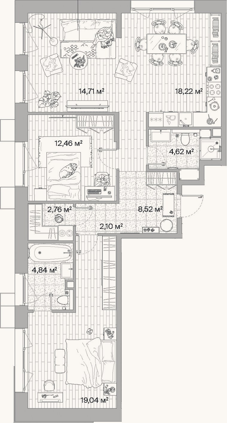 Планировка: 3-к, 87,3 м²