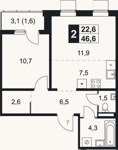 Планировка: 2-к, 45 м²