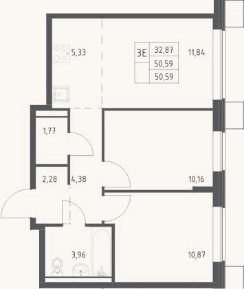 Планировка: 3-к, 50,6 м²