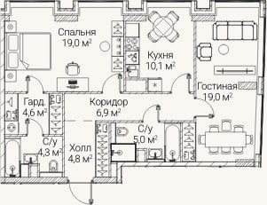 Планировка: 2-к, 73,9 м²