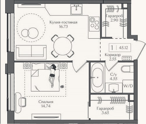 Планировка: 2-к, 45,1 м²