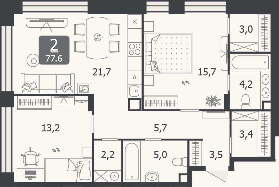 Планировка: 3-к, 77,6 м²