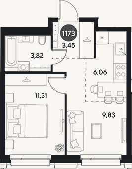 Планировка: 2-к, 34,5 м²