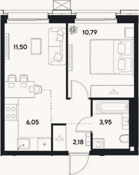 Планировка: 2-к, 34,5 м²