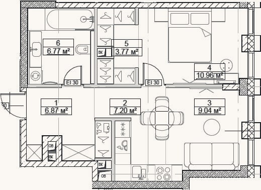 Планировка: 2-к, 44,6 м²