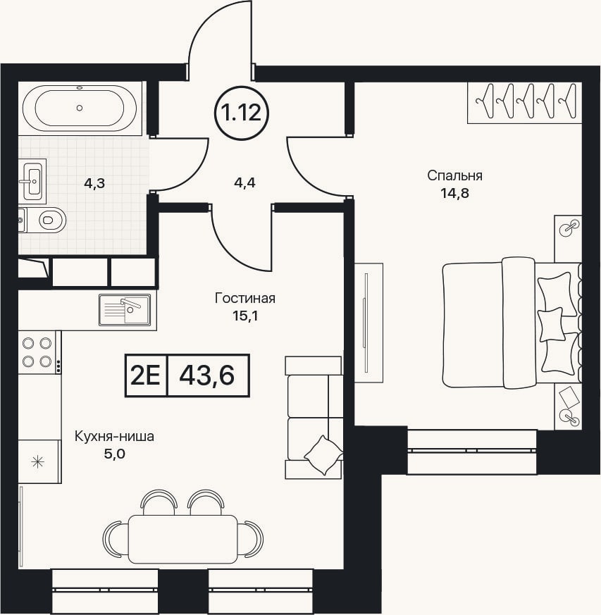 Планировка: 2-к, 43,6 м²