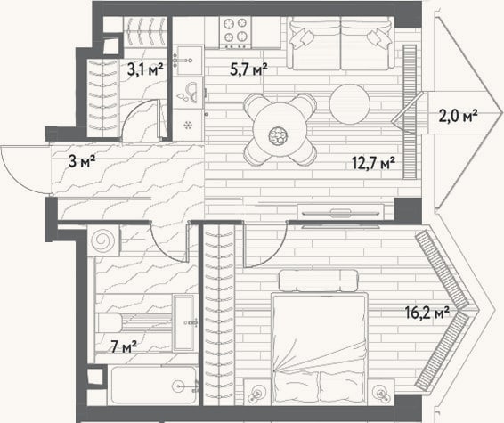 Планировка: 2-к, 47,7 м²