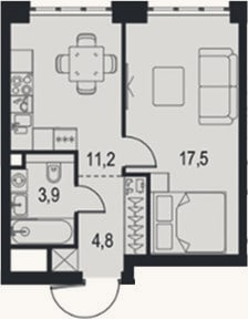 Планировка: 1-к, 37,4 м²