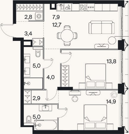 Планировка: 3-к, 72,4 м²