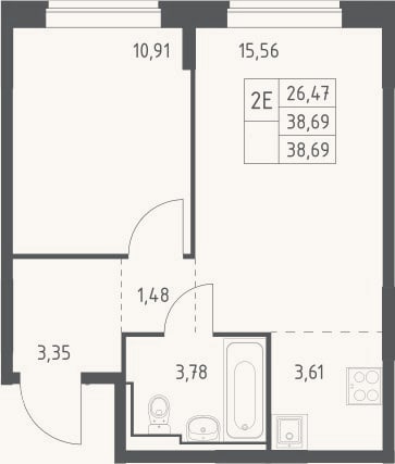 Планировка: 2-к, 38,7 м²