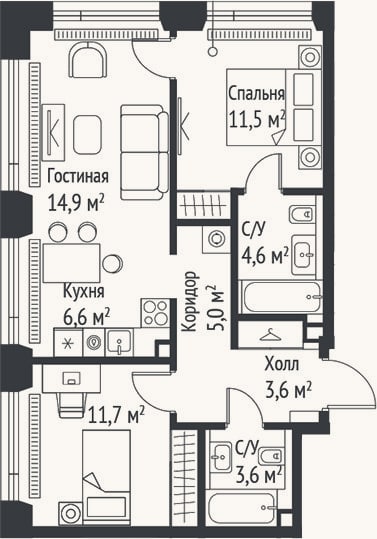 Планировка: 3-к, 61,4 м²