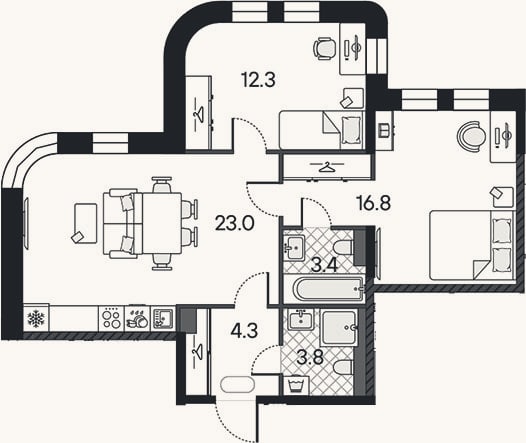 Планировка: 3-к, 63,6 м²