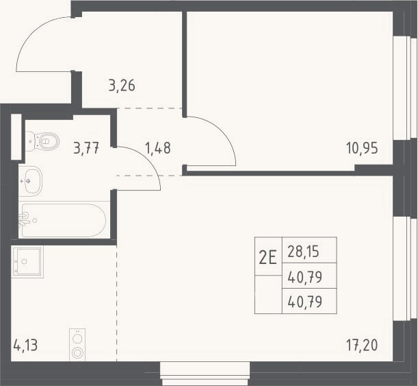 Планировка: 2-к, 40,8 м²