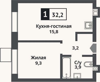 Планировка: 2-к, 32,2 м²