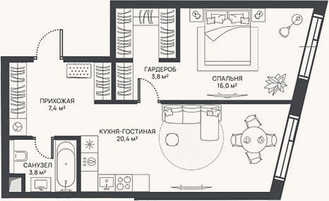 Планировка: 2-к, 51,4 м²