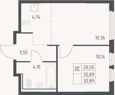 Планировка: 2-к, 32,9 м²