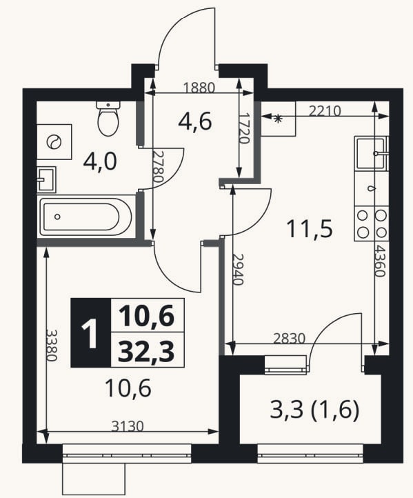 Планировка: 1-к, 30,7 м²