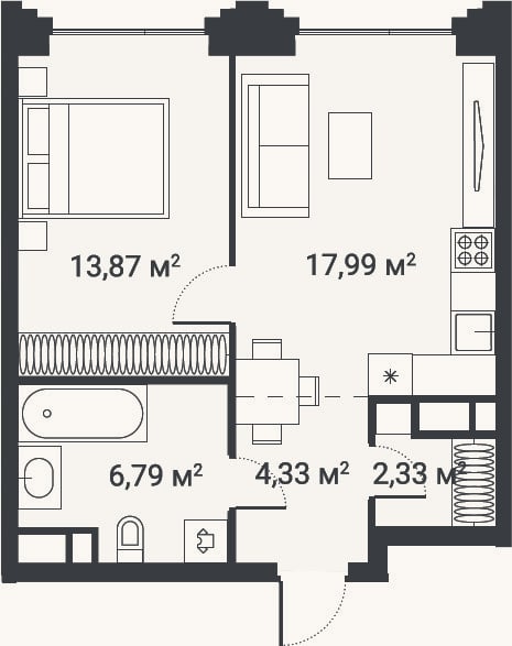 Планировка: 1-к, 45,3 м²