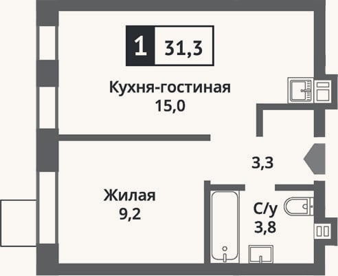 Планировка: 2-к, 31,3 м²