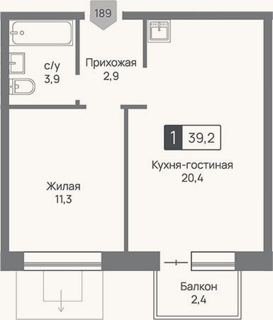 Планировка: 2-к, 38,5 м²