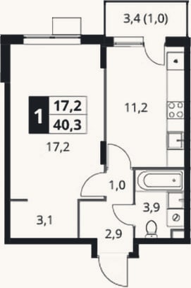Планировка: 1-к, 39,3 м²