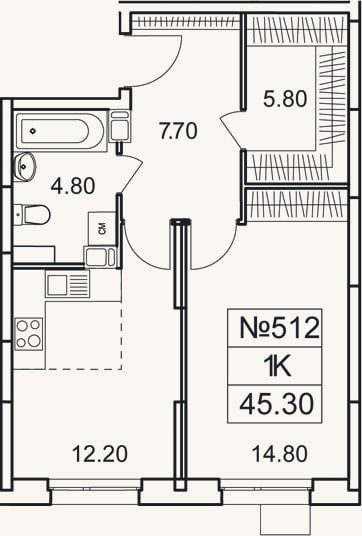 Планировка: 1-к, 45,3 м²