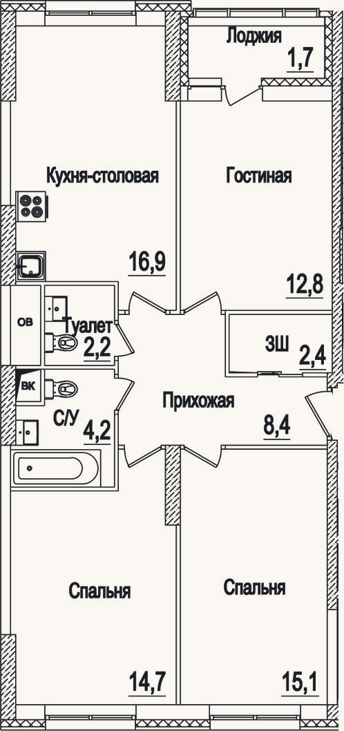 Планировка: 4+ к, 76,7 м²