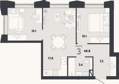 Планировка: 3-к, 48,8 м²