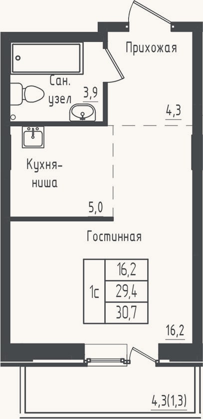 Планировка: Студия, 29,4 м²