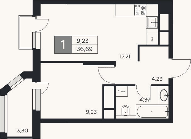 Планировка: 2-к, 35 м²