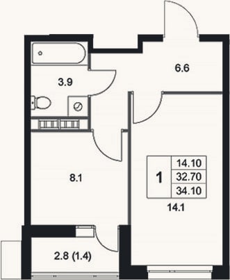 Планировка: 1-к, 32,7 м²