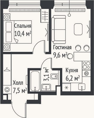 Планировка: 2-к, 36,7 м²