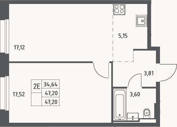 Планировка: 2-к, 47,2 м²