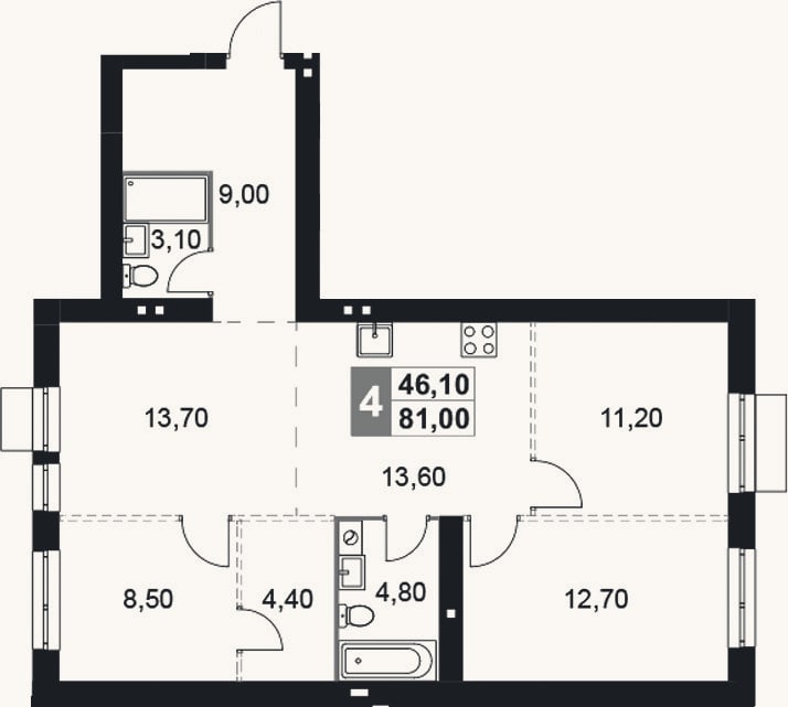 Планировка: 4+ к, 81 м²
