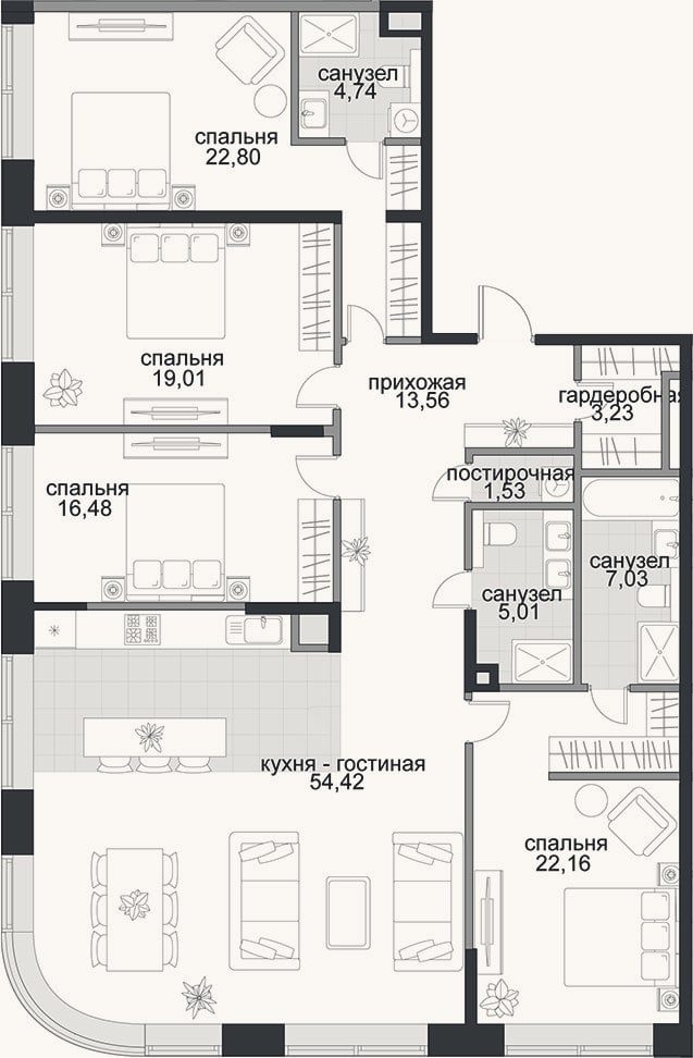Планировка: 4+ к, 170 м²