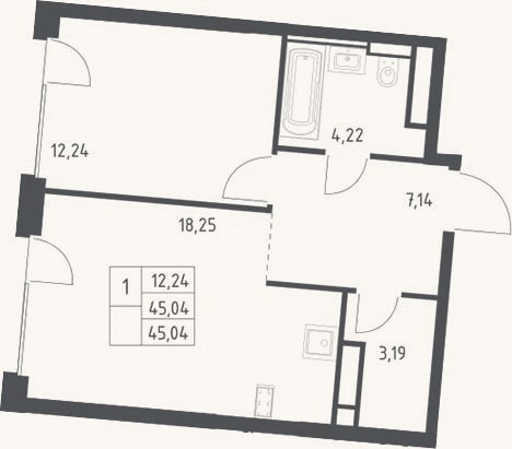 Планировка: 2-к, 45 м²