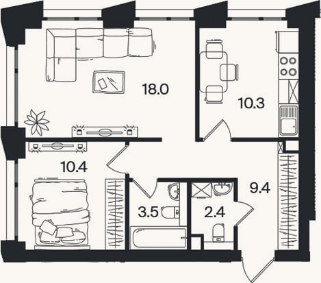 Планировка: 2-к, 54 м²