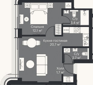 Планировка: 2-к, 39,3 м²