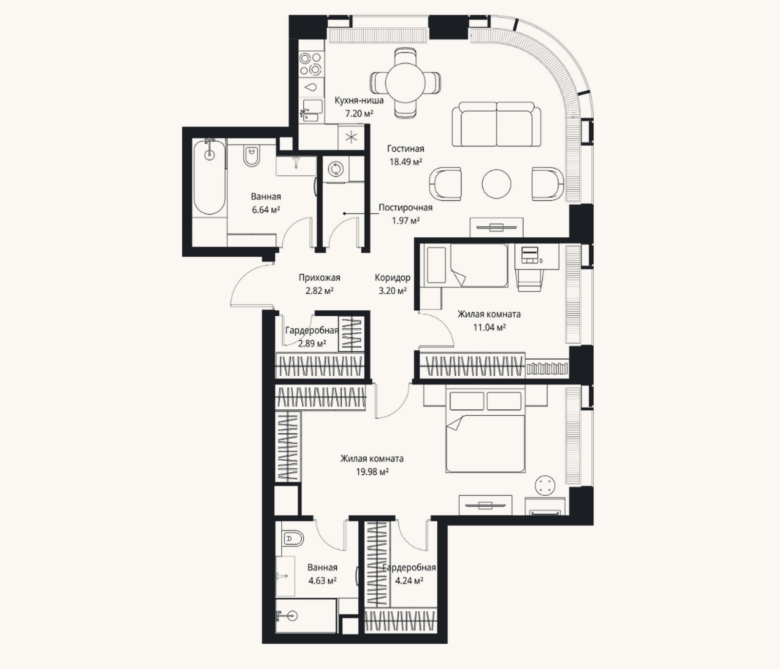 Планировка: 3-к, 83,1 м²