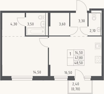 Планировка: 2-к, 47,8 м²