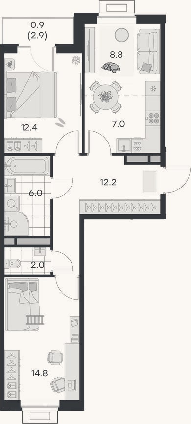 Планировка: 3-к, 63,2 м²