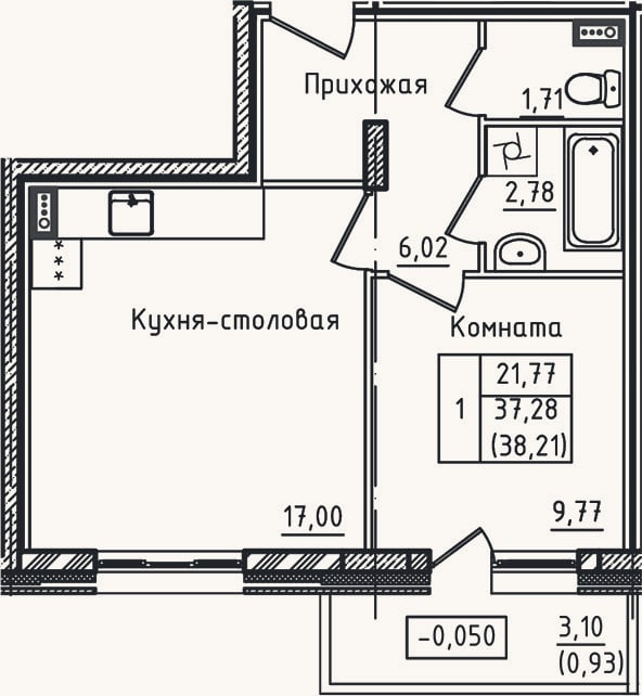 Планировка: 1-к, 37,3 м²