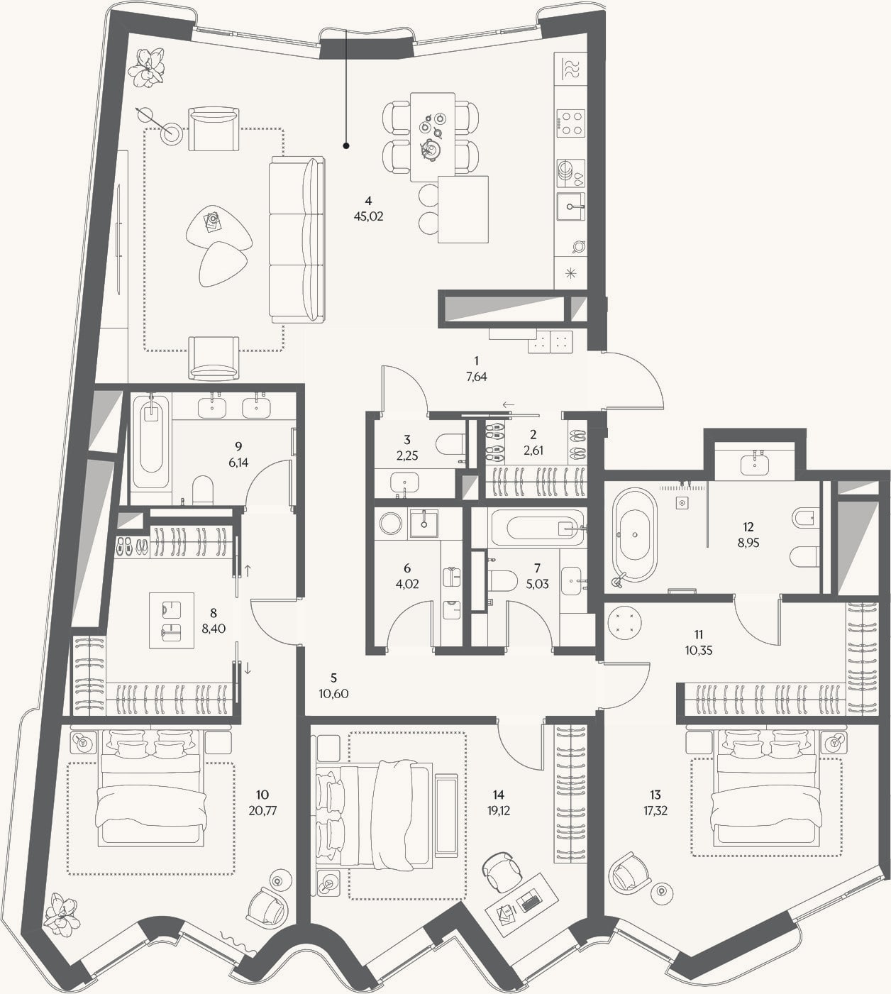 Планировка: 3-к, 174,4 м²