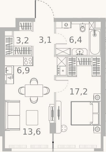 Планировка: 2-к, 50,4 м²