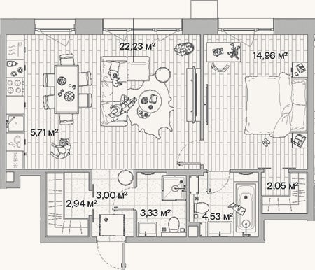Планировка: 2-к, 58,8 м²