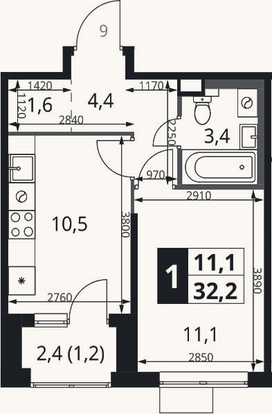 Планировка: 1-к, 31 м²