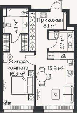 Планировка: 1-к, 48 м²