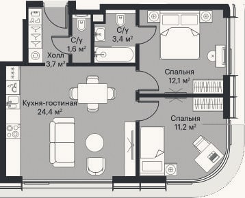 Планировка: 3-к, 55,2 м²