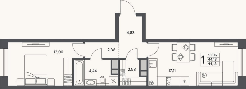 Планировка: 2-к, 44,2 м²