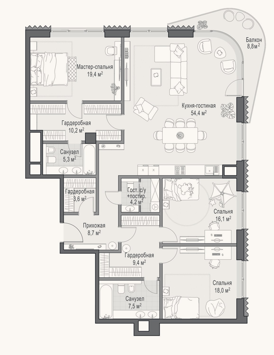 Планировка: 3-к, 156,4 м²